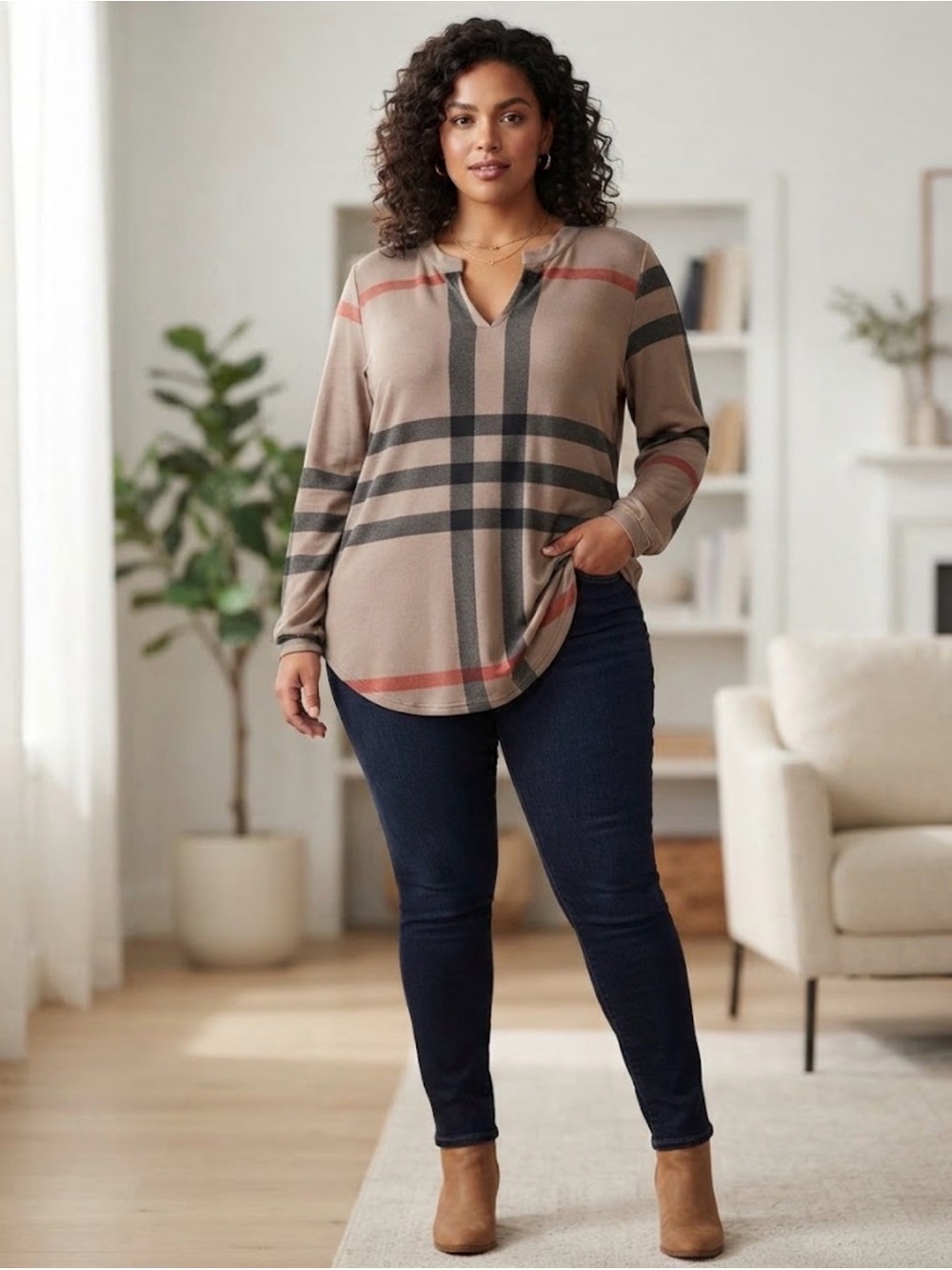 Plaid Tartan Long Sleeve V Neck Women’s Tunic Size XL Brown Fall Casual Blouse